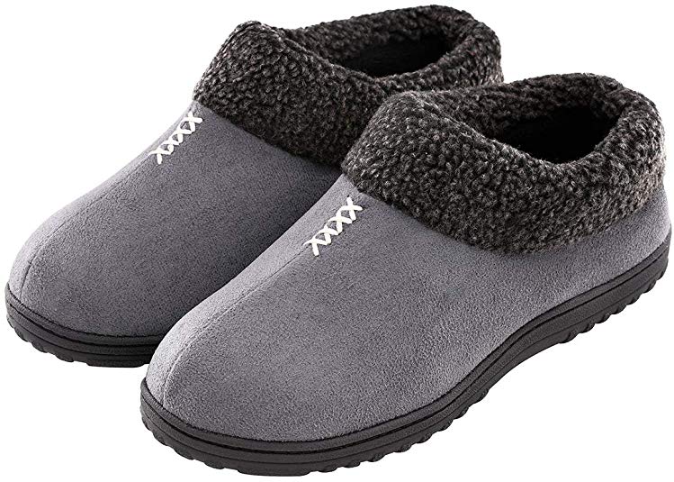 EverFoams Men's Cozy Memory Foam Slippers Fluffy Micro Suede Faux Fur Fleece Lined House Shoes with Non Skid Indoor Outdoor Sole