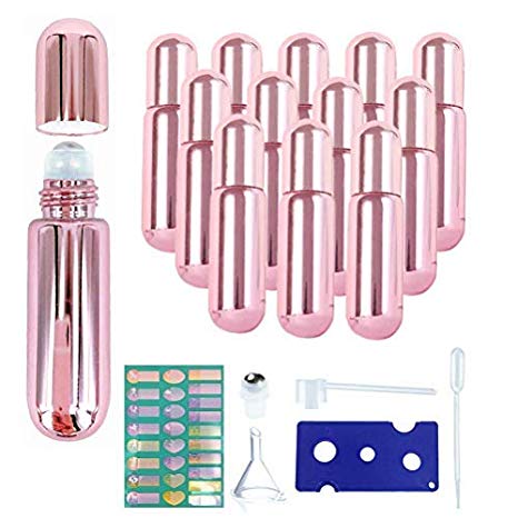 12Pcs Set Rose Gold Glass 5ml Metal Roller Ball Bottles Travel Empty Refillable Essential Oil Roller Bottles Fragrance Perfume Aromatherapy Lip Balms Liquid Roll On Bottles Container (With Tools)