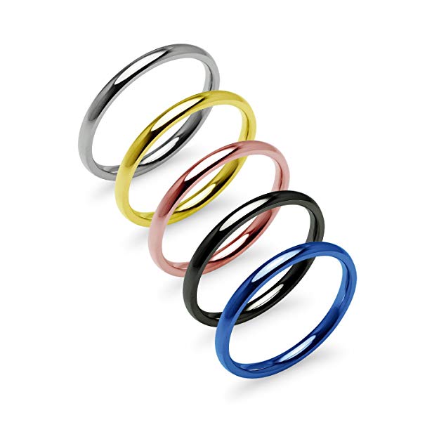 Stackable 5 Piece Set 2mm Stainless Steel Ring Silver/Rose/Gold/Blue/Black Tone Comfort Fit Wedding Band Sizes 5-12