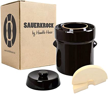 Humble House SAUERKROCK Fermentation Crock with Weights - 2 Liter (0.5 Gallon) German-Style Water Sealed Jar in Traditional Brown for Fermenting Sauerkaut, Kimchi, Pickles and More