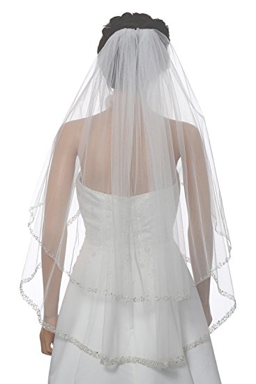 2T 2 Tier Dual Edge Embroided Pearl Crystal Beaded Veil Fingertip Length 36"
