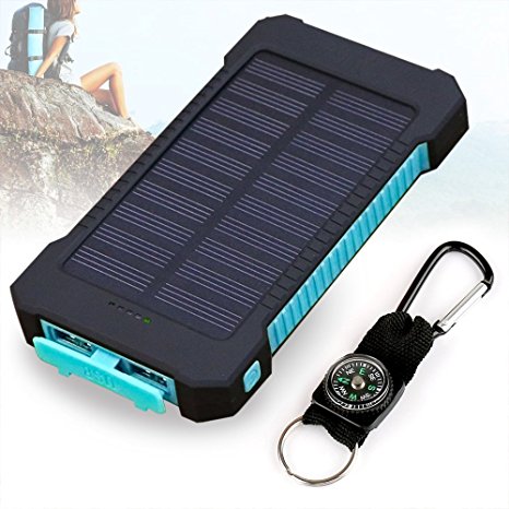 Solar Charger, 10000mAh Solar Power Bank , Dual USB Port Waterproof Dust-Proof and Shock-Resistant Portable Phone Charger with Led Light for Camping Hiking and Other Outdoor Activities (Blue)