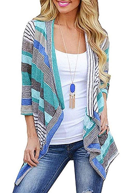 BISHUIGE Women's 3/4 Sleeve Striped Printed Cardigans Open Front Draped Kimono Loose Cardigan Sweaters