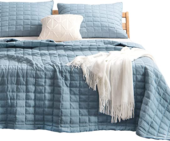 KASENTEX Quilt-Bedding-Coverlet-Blanket-Set, Machine Washable, Ultra Soft, Lightweight, Stone-Washed, Detailed Stitching - Solid Color (Grey Blue, Oversized Queen   2 Shams)