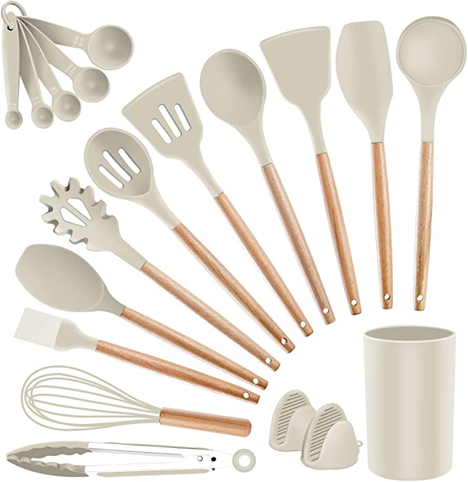 Silicone Kitchen Cooking Utensils Set - SZBOB Heat Resistant Kitchen Tools Wooden Handle Spoons Silicon Whisk Kitchen Utensil Set with Holder Spatulas Turner Tongs Kitchen Appliances for Cooking