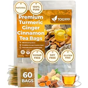 60 Tea Bags - Turmeric, Ginger, Cinnamon Tea, 100% Natural, Hand-made Blend of Turmeric, Ginger, and Cinnamon. Anti-Inflammatea. Eco-conscious Tea Bags. Turmeric Ginger Herbal Tea. No Sugar, No Caffeine, No Gluten, Vegan.