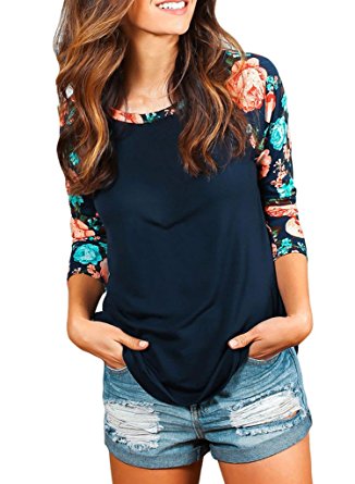 ROSKIKI Women's Casual Fit 3 4 Sleeve Floral T Shirt Blouse Tops