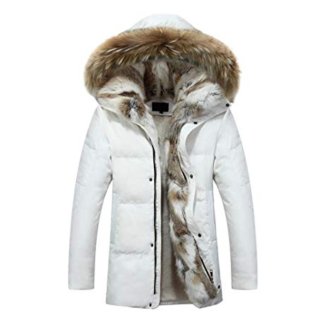 Hzcx Fashion Men's Fur Collar Hoodied Warm Fleece Lined Down Jackets and Coats