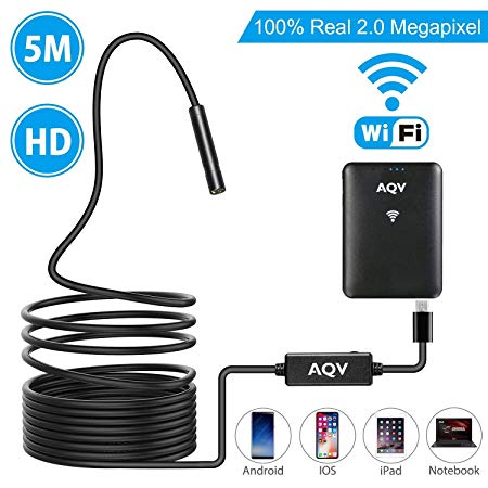 WiFi Endoscope, AQV Wireless Borescope Inspection Camera 2.0 Megapixels HD waterproof Snake Camera with 6 Adjustable LED Light for Android/IOS Smartphone,iPhone,Samsung Galaxy,Tablet,PC - 16.5 ft(5 M)