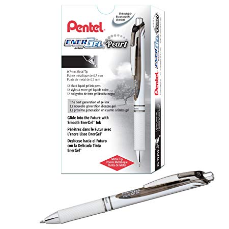 Pentel EnerGel Pearl Deluxe RTX Retractable Liquid Gel Pen, 0.7mm, Black Accent, Black Ink, Box of 12  (BL77PW-A)