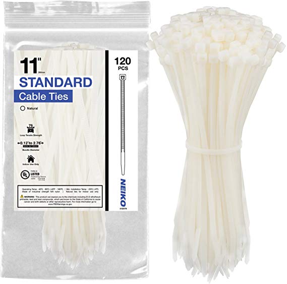 Neiko 51257A Natural White Cable Zip Ties, 120-Piece | 11-Inch Length | 75-lbs Tensile Strength