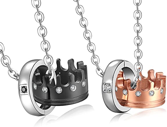 His & Hers Matching Set Titanium Stainless Steel Couple Crown Pendant Necklace in a Gift Box (A Set)