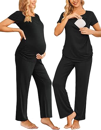 Ekouaer Women Maternity Nursing Pajama Set Breastfeeding Sleepwear Set Short Sleeve Top & Pants Postpartum Pajamas