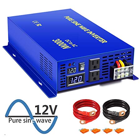XYZ INVT 3000W Pure Sine Wave Power Inverter 12V DC to 120V AC with 2 AC Outlets 2 Set of Battery Cables, Power Converter Generator for Home Grid Off, Solar System, RV.(3000W12V)