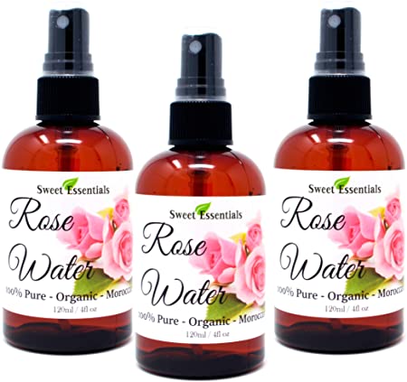 Pack of 3 Premium Organic Moroccan Rose Water - 4oz W/Sprayer - Imported From Morocco - 100% Pure (Food Grade) No Oils or Alcohol - Rich in Vitamin A & C Perfect for Hydrating & Rejuvenating Your Skin