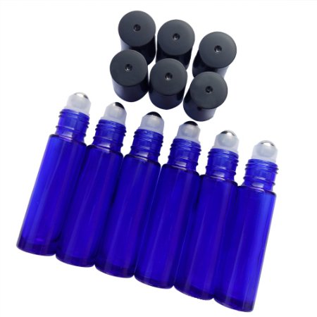 Sinide Roll on Glass Essential Oil Roller Bottles with Stainless Steel Roller Balls,Useful for Aromatherapy Perfumes and Lip Balms, Solid Blue Glass,6 Bottle Set,10ml (1/3oz),Blue Cobalt Glass Bottle