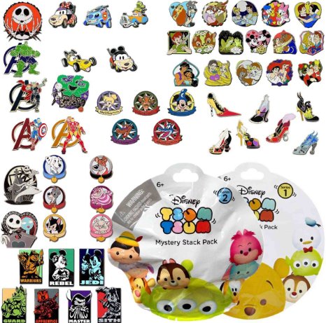 Disney Trading Pin Lot of 15 Lapel Collector Pins! No Duplication! Featuring 1 Mystery Pack of Disney "Tsum Tsum" Collector Stackable Figure! By Owl Castle Toys!