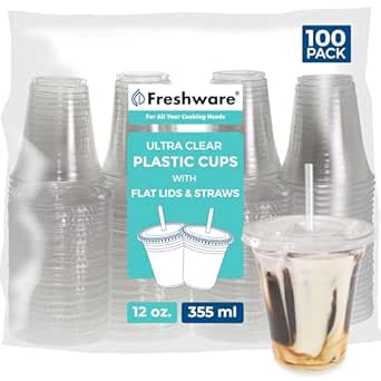 Freshware 12 oz Clear Disposable Plastic Cups with Flat Lids and Straws, 100 Pack Clear Plastic Cups Tumblers, Heavy-duty Party Glasses, Disposable Cups for Thanksgiving, Halloween, Christmas Party