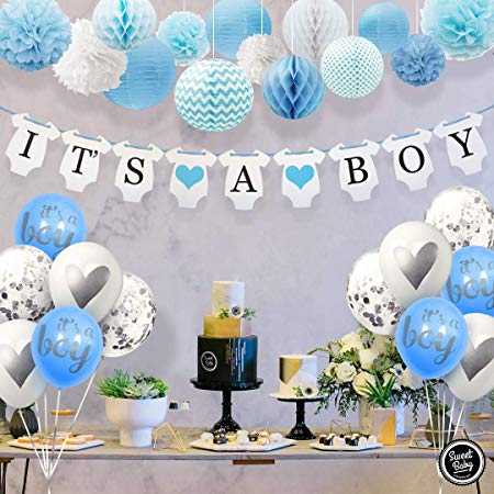 Sweet Baby Co. Baby Shower Decorations For Boy With It's A Boy Banner, Paper Lanterns, Honeycomb Balls, Paper Tissue Pom Poms, Confetti Balloons, Silver Balloon Ribbon (Baby Blue, True Blue, Grey and White) | Baby Shower Decorations Set