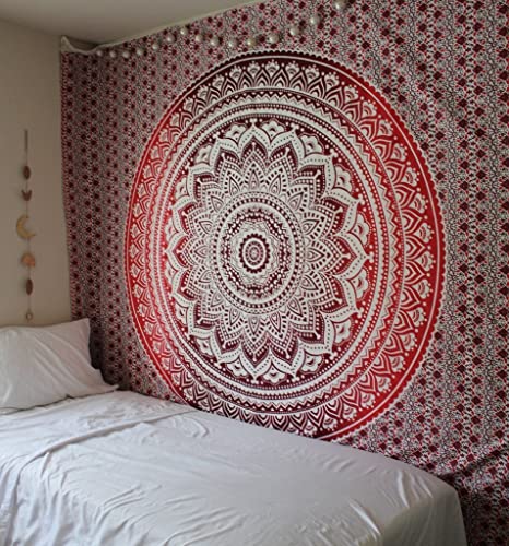 Popular Handicrafts Large Tapestry Wall hangings Hippy Ombre Mandala Bohemian Tapestries, Indian Dorm Decor, Psychedelic Tapestry Wall Hanging Ethnic Decorative Tapestry (84x90 inches) (Red)