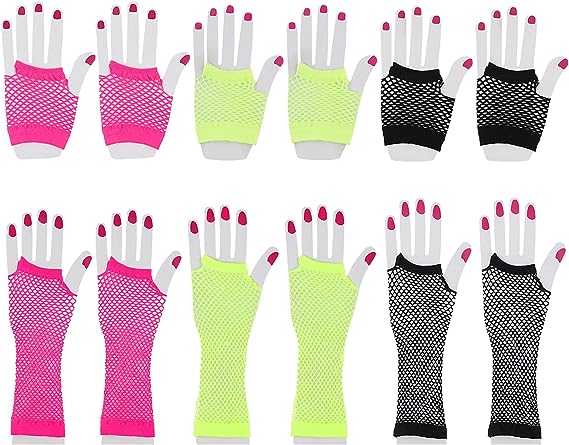 6 Pairs Fingerless Mesh Neon Gloves for Women and Girls 80s 90s Fishnet Gloves Long and Short Net Mesh Fingerless Gloves for Cosplay Costumes Halloween Party Accessories