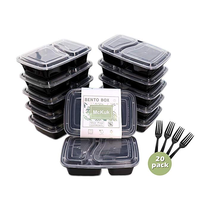 Meal Prep Containers [20 Pack] with Food Forks 2 Compartment with Lids, Food Storage Bento Box | BPA Free | Stackable | Reusable Lunch Boxes, Microwave/Dishwasher/Freezer Safe,Portion Control (32 oz)