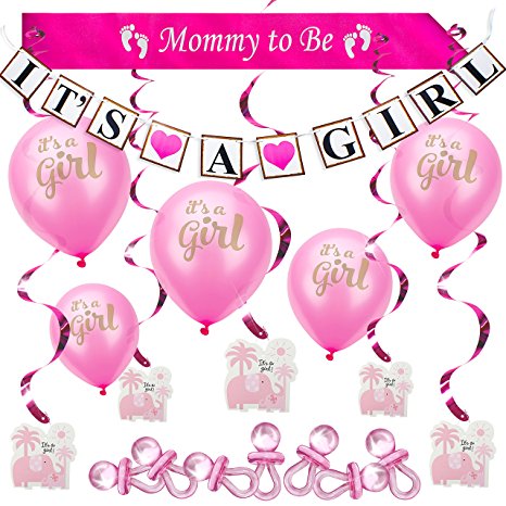 Baby Shower Party Decoration Set for Girl. All-in-One Bundle Kit with the Hottest Favors. (37psc) - “It’s A Girl” Banner & Balloons, “Mommy to Be” Sash, Elephant Swirls & Large Acrylic Pacifiers. Pink