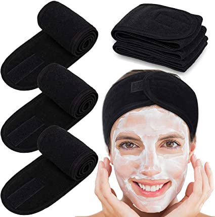 Spa Facial Headband Whaline Head Wrap Terry Cloth Headband 4 Counts Stretch Towel for Bath, Makeup and Sport (Black)