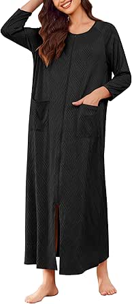 Ekouaer Zipper Robes for Women Ribbed Knit Bathrobe Lightweight Full Length Loungewear with Pockets S-3XL