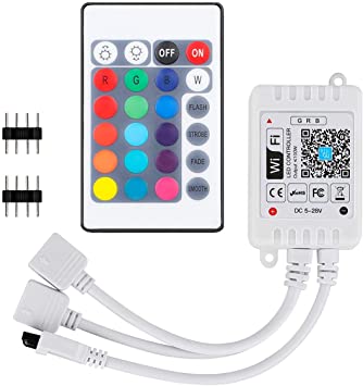 BZONE 2-Port WiFi RGB LED Controller DC5-28V with 24 Key Remote Control，Wireless Smart Controller Dual Port for 2835 5050 RGB Light Strips,Android,iOS System,Compatible with Alexa Google Home IFTTT
