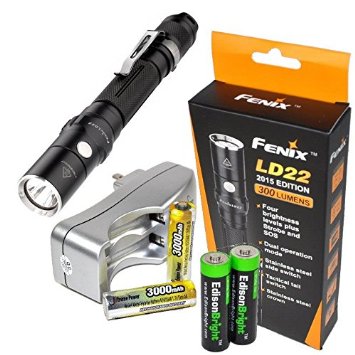 Fenix LD22 2015 edition 300 Lumen XP-G2 R5 LED tactical Flashlight with two NiMH rechargeable AA Batteries, Charger & Two EdisonBright AA Alkaline batteries