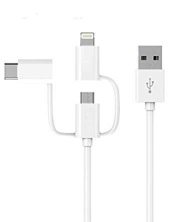 IQIYI [MFi Certified] 3-in-1 USB Charging Cable(Type C / Lightning / Micro) Charge / Sync for iPhone / Android, 1m, White