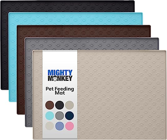 MIGHTY MONKEY Silicone Pet Feeding Mat, 22x14, Waterproof Placemat for Dog and Cat Bowls, Raised Edges, Prevent Water Spills and Food Messes on Floor, Paw Print Tray Mats, Dishwasher Safe, Beige
