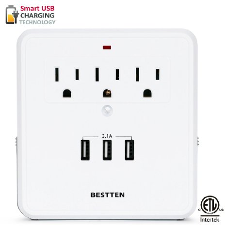 Bestten Wall Mount Surge Protector with 31A Triple USB Charging Ports 3 AC Outlet Plugs and 2 Slide Out Phone Holders for iPhone iPad and Others ETL Certified