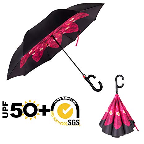 ABCCANOPY Inverted Umbrella,Double Layer Reverse Windproof Teflon Repellent Umbrella for Car and Outdoor Use, UPF 50  Big Stick Umbrella with C-Shaped Handle and Carrying Bag