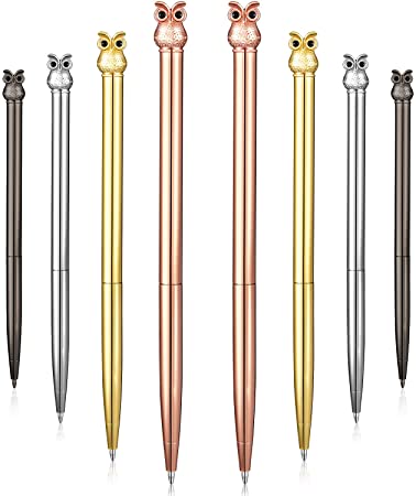 8 Pieces Owl Metal Ballpoint Pens, School Stationery Office Supplies, Cute Easter Supplies, Black Ink (4 Colors)