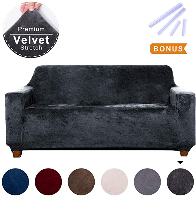 ACOMOPACK Premium Velvet High Stretch Loveseat Slipcovers, Spandex Dark Grey Loveseat Couch Covers for 2 Cushion Couch, Loveseat Cover Furniture Protector for Dogs with Side Pocket