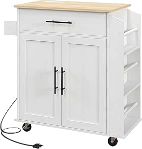 HOMCOM Kitchen Island on Wheels with Power Outlet, Rolling Kitchen Cart with Storage Drawer, Portable Microwave Stand with Cabinet, Towel Rack and Spice Rack (White)