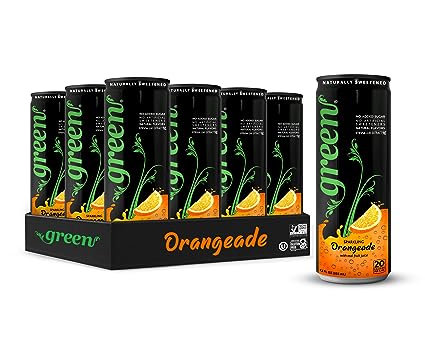 Green Orangeade - No added Sugar, 10% Real Orange Juice, 20 Calories per can, Naturally Sweetened with 100% Stevia Leaf Extract, Carbonated Soda, 12 Fl Oz each can - Pack of 12