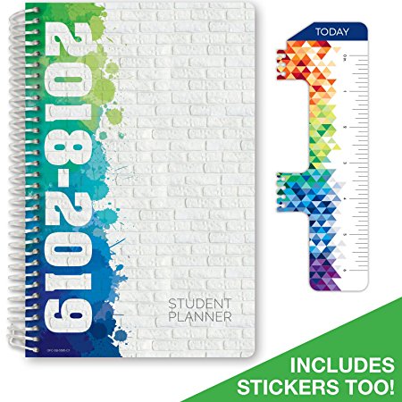 Dated Middle School or High School Student Planner for Academic Year 2018-2019 (Block Style - 5.5"x8.5" - Painted Brick Cover) - Bonus RULER / BOOKMARK and PLANNING STICKERS