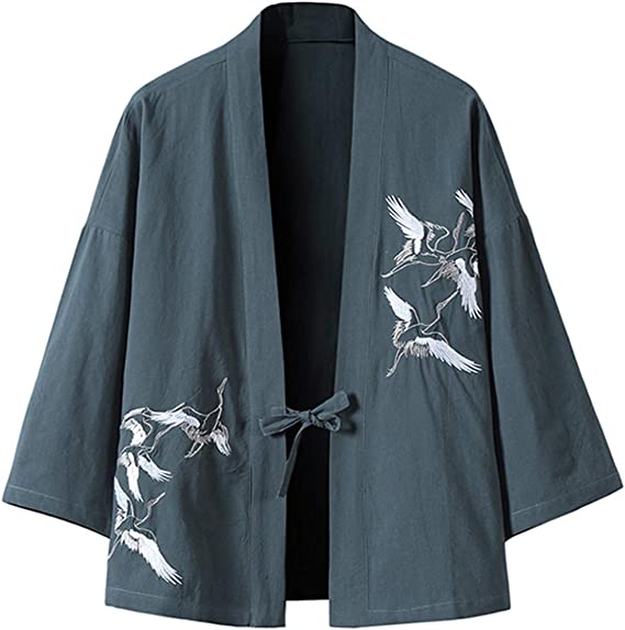 PRIJOUHE Men's Japanese Fashion Kimono Cardigan Plus Size Jacket Yukata Casual Cotton Linen Seven Sleeve Lightweight