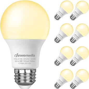 DEWENWILS 8-Pack A19 LED Light Bulb, 760LM, 3000K Soft Warm Light Bulb, Energy Saving 9W(60W Equivalent) LED Bulb, E26 Medium Screw Base, Non Dimmable, UL Listed