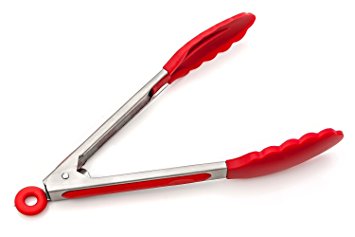 Vivoice Stainless Steel Silicone Kitchen BBQ Tongs 10-Inch with Locking Clip (red)