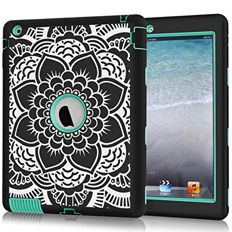 iPad 2 / 3 / 4 Case, Hocase Rugged Shock Absorbent Double Layer Hard Rubber Protective Case Cover with Stylus for Apple iPad 2nd / 3rd / 4th Generation Retina - Black Flower Print / Mint Green