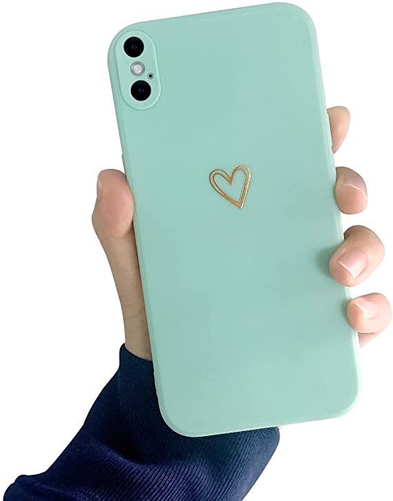 Ownest Compatible with iPhone X Case,iPhone Xs Case for Soft Liquid Silicone Gold Heart Pattern Slim Protective Shockproof Case for Women Girls for iPhone X/XS Case-Mint Green