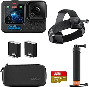 GoPro HERO12 Waterproof Action Camera with 5.3K Video Recording, 27MP Photos, Special Holiday Bundle with 128GB Memory Card & SD Adapter Complete Bundle Set (Black) (CHDRB-121-RW)