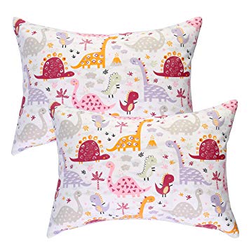 Kids Toddler Pillowcases 2 Packs 100% Cotton 14x19 Fits Toddler Bedding Pillow 14x19, 13x18 Small Pillow (Pink Dinosaurs)