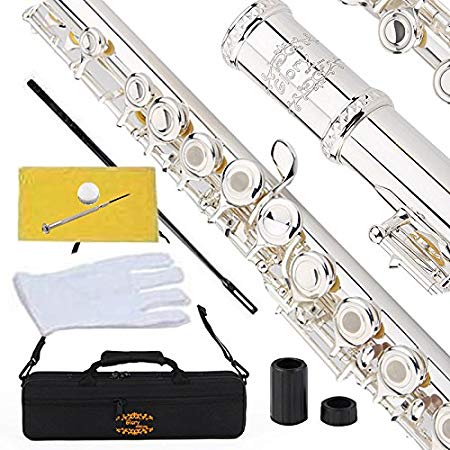 Glory Silver Plated Intermediate 17keys, Open/closed Hole C Flute with B Foot Joint ,Offset G, with Case,cleaning Rod, Cloth, Joint Grease, and Gloves