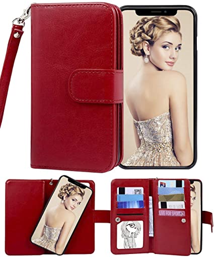 iphone 11 Pro Max Wallet Case,FLYEE Detachable 2in1 Case With Many Cards Slots And Wrist strap [kickstand] Magnetic Closure PU Leather case Flip Protective Purse For Fit iphone 11 Pro Max 6.5 inch-Red