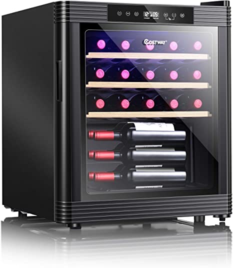 COSTWAY Wine Cooler, 21 Bottles Freestanding Champagne Chiller with 41℉- 64℉Digital Temperature Display, Wooden Shelves, Glass Door, Built-in LED light, Quiet Operation, Countertop Wine Cellar, Black